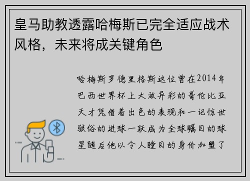 皇马助教透露哈梅斯已完全适应战术风格，未来将成关键角色
